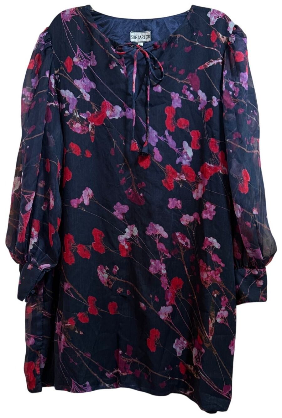 Vintage Sue Sartor Black & Red Floral Sheer Long Sleeve Mini Dress - XL